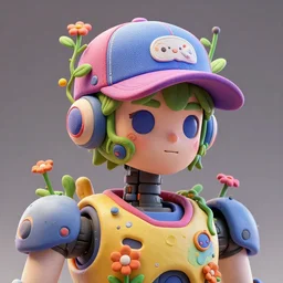 colourful - 3 d vfx art - portrait of a mecha robot wearing a baseball cap with vines & flowers growing from inside, art style by tenmyouya hisashi, concept art, unreal engine render, digital illustration, claymation, sharp, intricate detail, volumetric light, ray tracing, soft light, symmetric, pinterest, artstation, behance,