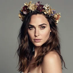 fine art photo of the beauty goddess gal gadot, she has a crown of dried flowers, by peter mohrbacher