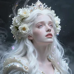 tessa thompson, a colorful and vibrant majestic white queen open wide eyes drops a tear with flowers on her hair, glowing light orbs, intricate concept art, elegant, digital painting, smooth, sharp focus, ethereal opalescent mist, outrun, vaporware, cyberpunk darksynth, ethereal, ominous, misty, 8 k, by ruan jia and miho hirano, 8 k, rendered in octane