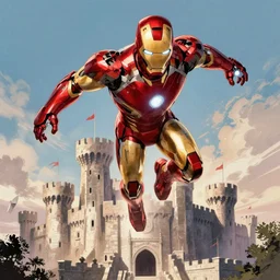 Iron man flying above a large castle, David Aja, comic book art