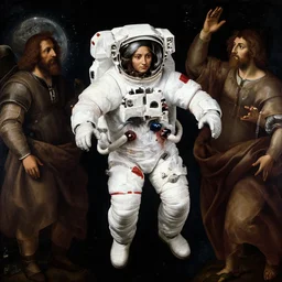 beautiful renaissance painting portrait of an astronaut floating in space by sandro botticelli, jan van eyck, tiziano vecelli, piero della francesca