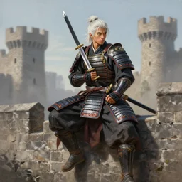 A highly detailed painting of a male warrior on a castle wall by Craig Mullins and Marc Simonetti, two swords, white hair, young man, samurai armor, trending on artstation, 4k, octane render, unreal engine,
