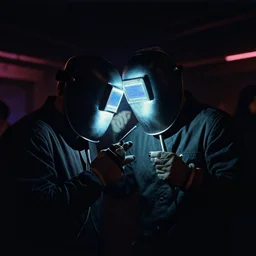 welder in welding mask in a berlin dance club, ominous lighting, by richard avedon, color