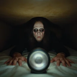 the scary face, it waits under my bed, film still from the movie directed by denis villeneuve and david cronenberg with art direction by h. r. giger and bernie wrightson, wide lens