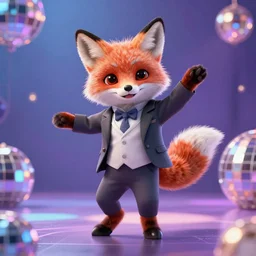 cute fox in suit dancing in disco, photorealistic rendering, digital art, highly detailed
