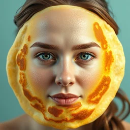 complex 3 d render hyper detailed ultra sharp beautiful stunning emma watson having pancake on face, pancake laying on her face, only eyes looking visible behind pancake, medium shot portrait, close - up, fullface round mask of pancake, octane render, 8 k