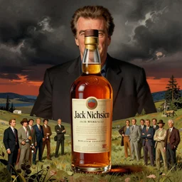 illustration of a bottle of whiskey with jack nicholson inside, by norman rockwell, roberto ferri, daniel gerhartz, edd cartier, jack kirby, howard brown, ruan jia, tom lovell, jacob collins, dean cornwell