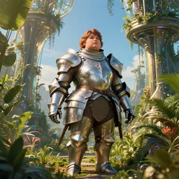 a short and very chubby female knight in a hi-tech botanical world with blue skies | style of donato giancola, vincent callebaut, dramatic light | high detail | cinematic lighting | pristine metals, glass, plants | solarpunk | golden hour | volumetric lighting | concept art |