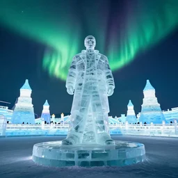 dramatic photo, full body statue of rapper'ice cube'frozen in ice at harbin ice festival, full body, wide angle photo, award winning, aurora borealis