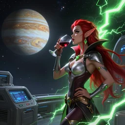 a highly detailed matte painting of tracer from overwatch as a red haired vampire martian princess, drinking wine, standing in a space station and looking at jupiter, sci fi and fantasy, viewed in profile from far away, crackling green lightning, ultrawide lens, art by artgerm and greg rutkowski and alphonse mucha, volumetric lighting, octane render, 4 k resolution, trending on artstation, masterpiece