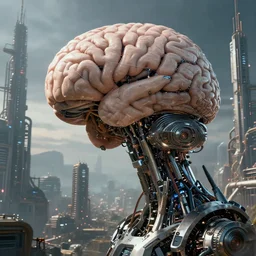 cult of technology, exterior, scifi, machines, artificial intelligence!!, ultra realistic, highly detailed, brain in a vat!!, futuristic landscape, industrial, city, atmosphere, highlighted, cinematic, art by jan urschel and neil blevins