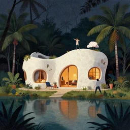 ( ( dither ) ), editorial illustration an organic architecture white stone cozy house next to a lake in a tropical forest at night, colorful modern, mads berg, karolis strautniekas, ( ( christopher balaskas ) ), fine texture, dynamic pose, detailed, matte print, muted color, lomography, dramatic lighting