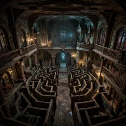 full - color photo of the interior of the spooky winchester mystery house at night. the interior architecture and layout are illogical, surreal, bizarre, complicated, and labyrinthine. there is a faintly - visible victorian ghost lurking.