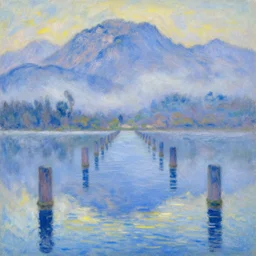 a landscape pastel in the style of noriyoshi ohrai and monet of a blue reflective path to some misty mountains in the background. along the path stands pillars that reflect in the water. key art. 4 k fantasy