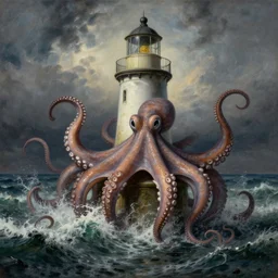 the tentacles of a gigantic octopus emerging from the stormy sea wrapped around an old lighthouse, highly detailed painting by turner