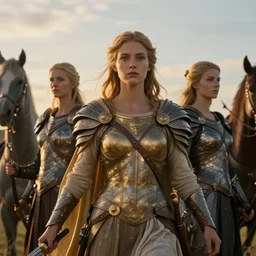 the goddesses fraya going to war with her army of valkyries, golden hour, detailed faces, 8 k uhd, high detail, awe - inspiring.