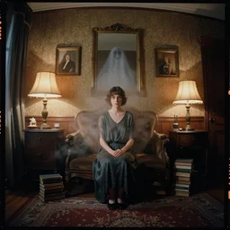 kodak portra 4 0 0, wetplate, 8 mm extreme fisheye, award - winning portrait by britt marling, 1 9 2 0 s room, ghost, picture frames, shining lamps, dust, smoke, 1 9 2 0 s furniture, wallpaper, carpet, books, muted colours, wood, fog,