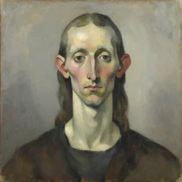 expressive distorted bust portrait of a man with long neck, big ears and a small head, impasto painting, muted colors, artwork by arnold bocklin