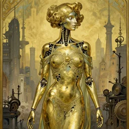 brass semi - mechanical woman, portrait, art nouveau dress, art by moebius and ilya kuvshinov, in steampunk cityscape