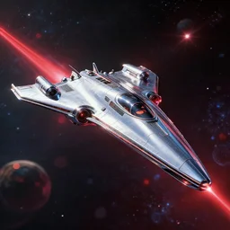 studio ghibli, epic image of a sleek chrome starship with straight wings in space, flying pass a planet, stars, red glows, lazers, by asher durand. intricate artwork by tooth wu and wlop and beeple and dan mumford and greg rutkowski and nekroxiii. halo. octane render, cinematic, hyper realism, octane render, 8 k, depth of field, bokeh. iridescent accents. vibrant