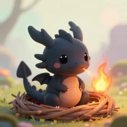 a portrait of a cute happy tiny black chibi dragon in a nest, breathing a tiny torrent of fire, black eyes, artstation, by magali villeneuve, depth of field, beautiful lighting, pastel colors, bokeh, fantasy art