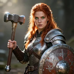 portrait art of dwarven woman, ginger hair, green eyes, holding hammer and shield with plate armour ultra realistic , lens flare, atmosphere, glow, detailed,intricate, full of colour, cinematic lighting, trending on artstation, 4k, hyperrealistic, focused, extreme details,unreal engine 5, cinematic, masterpiece