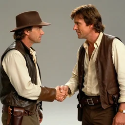 Han Solo shaking hands with Indiana Jones, movie still