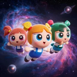 power puffy girls, flying in space with la casa de papel suits, nebula, hyper realistic, 4 k