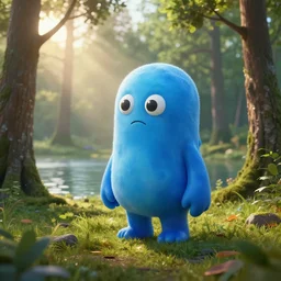 a blue slime creature in a forest near a lake at sunrise, hyperrealistic, concept art, photorealistic, octane render, unreal engine 5, path traced, highly detailed, high quality, 8K, soft lighting, geometric, sunrays, trending on Artstation, soft lighting