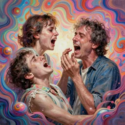 bright psychedelic todd solondz with bill hicks and charlie kaufman, crying and puking, abused, bully, diffuse lighting, fantasy, intricate, elegant, highly detailed, lifelike, photorealistic, digital painting, artstation, illustration, concept art, smooth, sharp focus, art by gregory crewdson and francis bacon