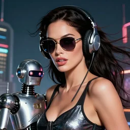 closeup beautiful retro space megan fox varga girl wearing headphones and sunglassess, posing with a chrome robot in diesel punk city, windblown dark hair, seductive, hyper detailed, digital art, studio lighting, smooth, sharp focus, gil elvgren, anna dittmann alberto vargas, 1 9 5 0, when mars attacks