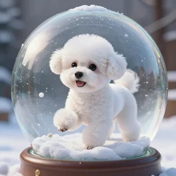 a photorealistic photograph of a bichon frise playing inside of a snow globe. illuminated scene. depth of field. fine detail. this 4 k hd image is trending on artstation, featured on behance, well - rendered, extra crisp, features intricate detail, epic composition and the style of unreal engine.