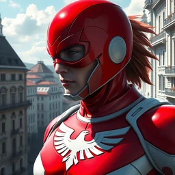 highly realistic digital painting of a superhero, red and white costume colors, with an eagle emblem, eagle logo, vienna city, european buildings, austrian architecture, highly detailed, digital painting, artstation, concept art, smooth, sharp focus, illustration, unreal engine 5, 8 k, art by artgerm and greg rutkowski and edgar maxence