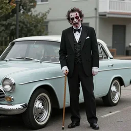 A zombie gentleman with a cane stands in the picture near a retro car