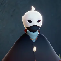 a young adventurer wearing a white bird mask and a black cloak.