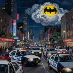a beautiful, surreal, hyper detailed, ultra sharp photo realistic painting of india portrayed as gotham city at night filled with police cars, people and batman signal on the clouds by gerardo dottori and simon stalenhag, oil on canvas, trending on artstation, full hd, 8 k