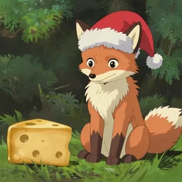 a fox wearing a santa hat, sat next to some cheese, by studio ghibli
