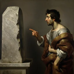 person debating with a stone, oil painting, high quality, by caravaggio