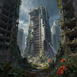 a beautiful detailed painting of city nature urbex architecture abandoned canyon building unfinished building industrial architecture by william pereira, meadow sci - fi liberty city tron sunlight at night laser assassin's creed alien synthwave flowers tokyo, archdaily, wallpaper, highly detailed, trending on artstation.