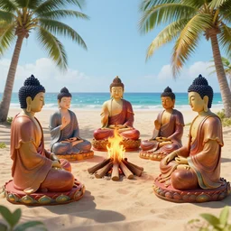 five buddhas sitting in a circle around a campfire at the beach with palm trees in the back, epic environment, colourful, vibrant, hyper realistic, extreme detail, sand, smooth, subtle shadows, fine details, octane render, stunning, intricate, elegant, highly detailed, digital portrait, artstation, smooth, sharp focus, raw, matte painting, vibrant color, detailed w 8 9 6