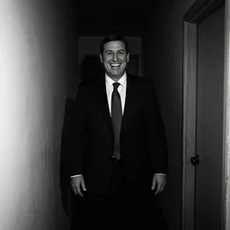 Ted Cruz with a wide grin standing in a narrow corridor, black and white, creepy lighting, poor visibility, scary, horror, eerie, fear