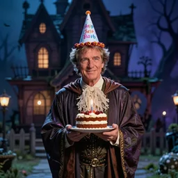 portrait photo still of tom selleck dressed as a wizard holding a small cake, wearing a birthday hat, in front of a haunted house at night, 8 k, 8 5 mm f 1. 8