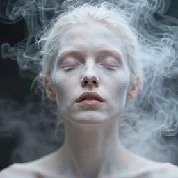 out of focus white smoke, out of focus photorealistic portrait of an ugly pale woman by gueorgui pinkhassov, very blurry, translucent white skin, closed eyes, foggy