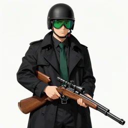 jin roh with black padded helmet, green lens, black trenchcoat, black office shirt, dark green tie, a wooden sniper rifle, portrait, by yoji shinkawa