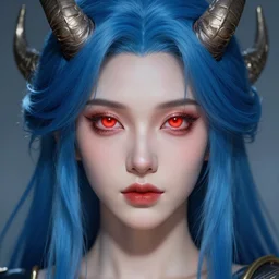 perfectly - centered close - up face - portrait of a goddess with glowing red eyes and long blue hair and horns on her head, the perfect human female specimen, intricate, elegant, super highly detailed, professional digital painting, artstation, concept art, smooth, sharp focus, no blur, no dof, extreme illustration, unreal engine 5, 8 k, by anne stokes