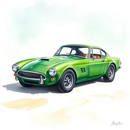 a watercolor painting of a racing green 1 9 7 0 mgb gt on a beach