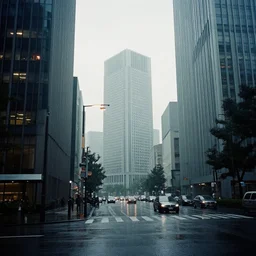 35mm film still blade runner set in a rainy tokyo, skyscrapers by Alex grey
