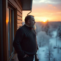 award - winning lomographic tarkovsky film still of 4 0 years russian man with beard and sweater standing on small hrushevka 9 th floor balcony in taiga looking at sunset, cinestill, bokeh