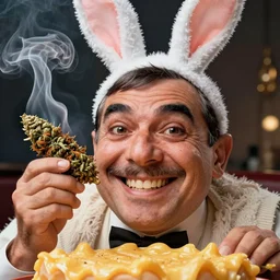 hyper realistic, close up portrait of a mega derpy mr. bean, big chungus, with bunny ears, smoking massive amounts of weed, big smile, buck teeth, mac and cheese, by greg rutkowski, scott m fischer, artgerm, loish, slight glow, atmospheric, anne stokes, alexandros pyromallis, 4 k, 8 k