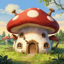 wide shot, concept art, shrek outside his mushroom house, in the style of John Bauer and wimmelbilder